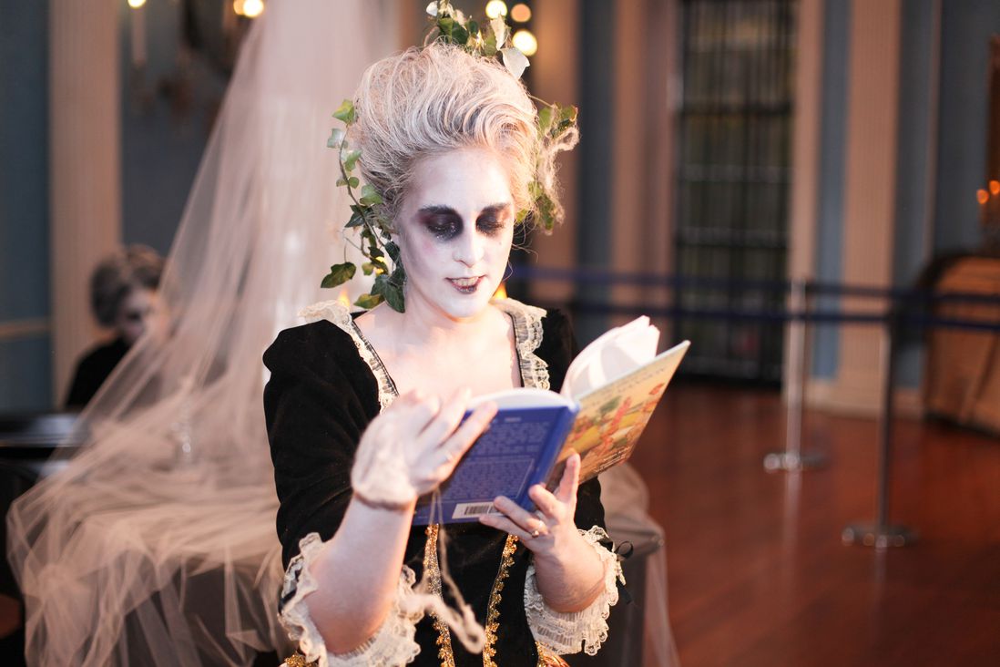 Spooky lady reading a story<br/>
